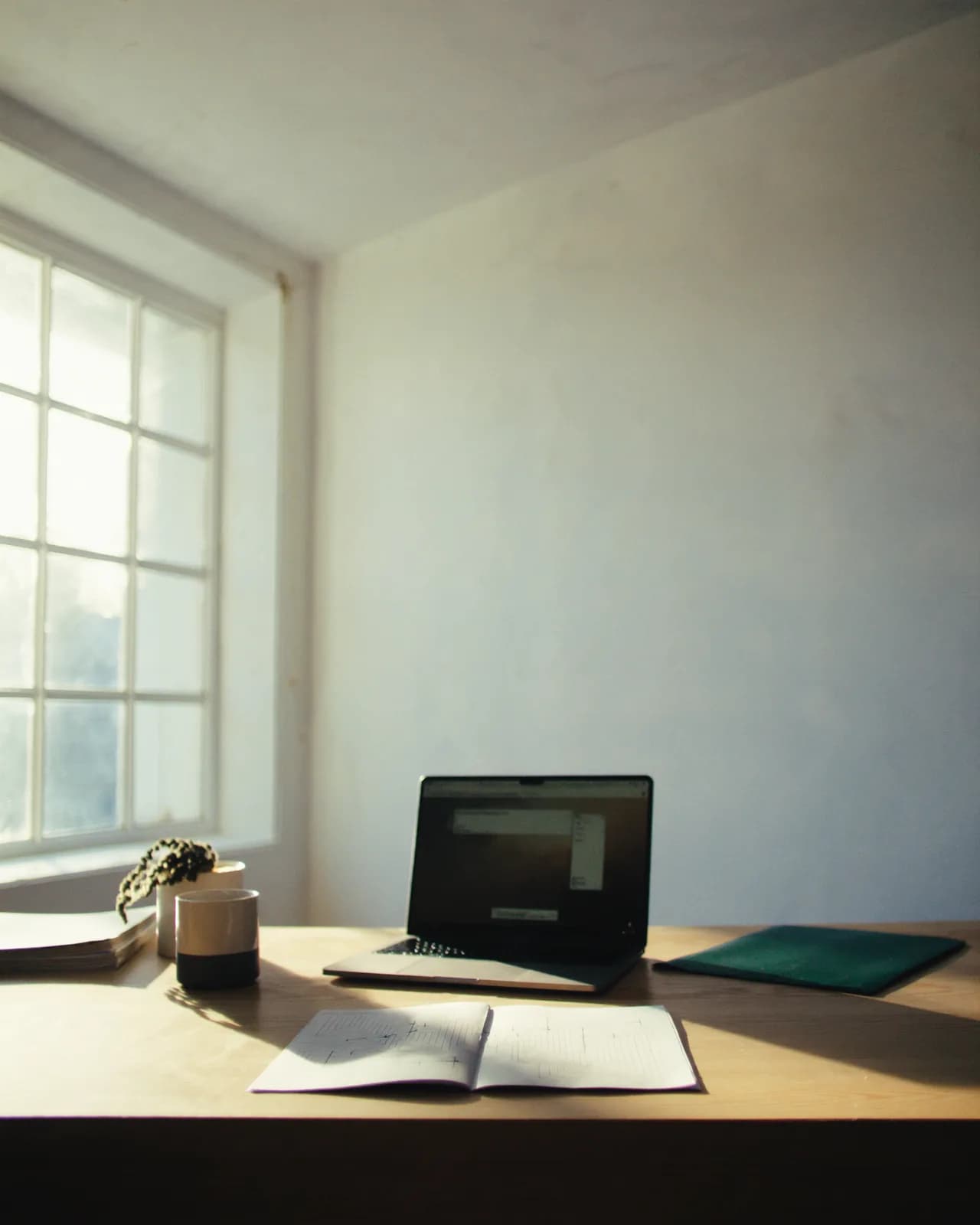 Arbeitsplatz am Fenster im Morgenlicht: Laptop, offenes Notizbuch, Kaffee