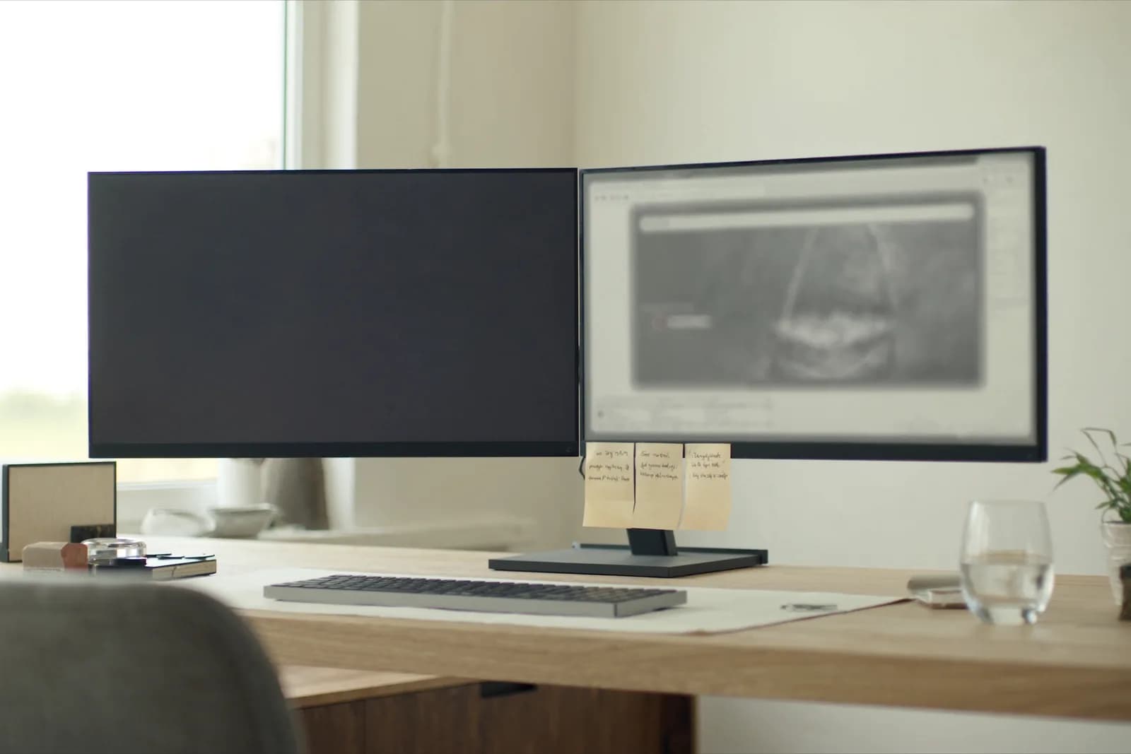 Schreibtisch mit zwei Monitoren, Terminal und Klebezetteln